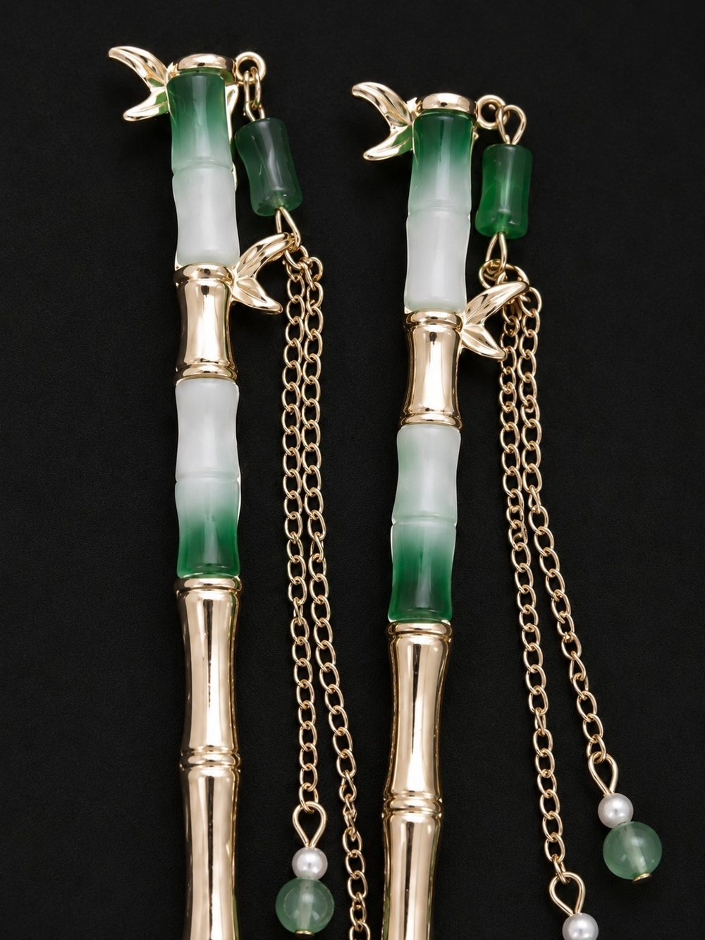Bamboo Hair Sticks Green Bead Tassels - Picture 3 of 5
